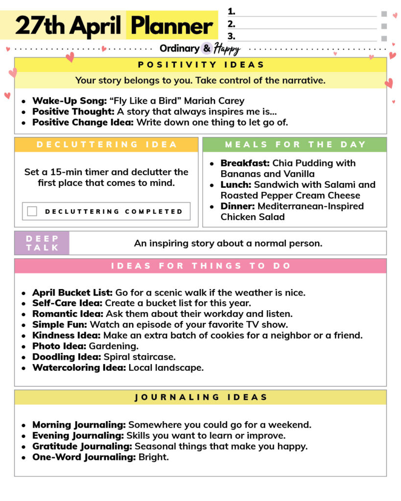 april 27th daily planner printable with listed ideas for different areas of daily life
