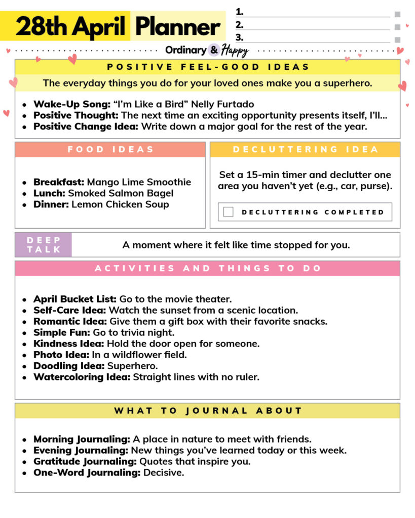 april 28th daily planner printable with listed ideas in color-coded boxes for different areas of daily life