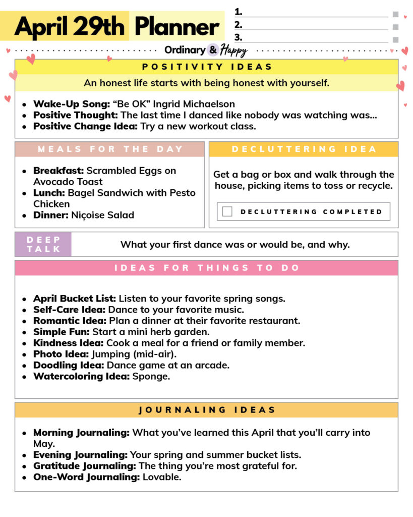 april 29th daily planner listicle printable with ideas for meals, positivity, decluttering, deep talk, activities, and journaling