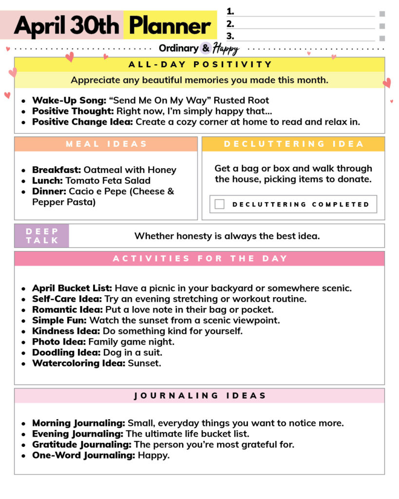 daily planner for april 30th with lists of ideas for the last day of the month