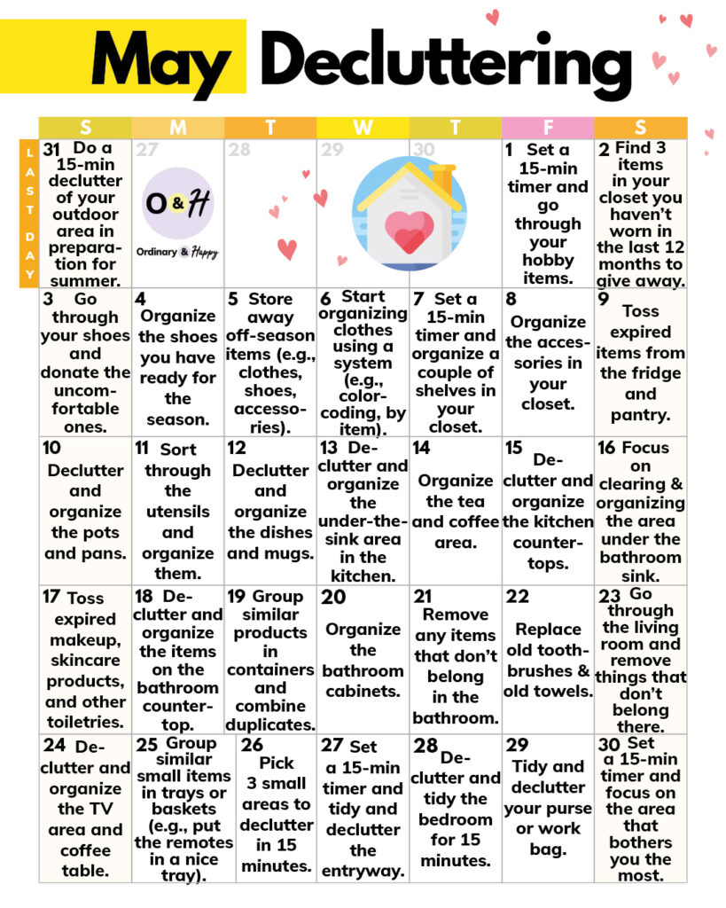 calendar of may decluttering ideas in a 7x5 grid format for every day of may