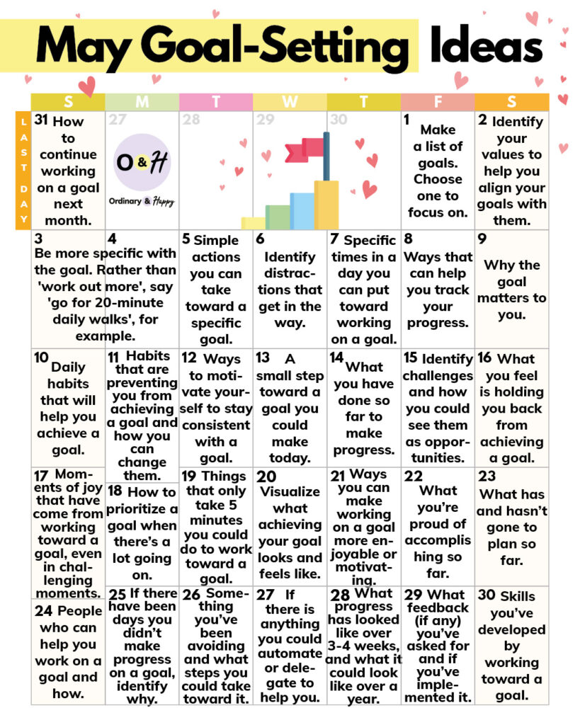 may goal-setting calendar activity with daily ideas displayed in a 7x5 grid