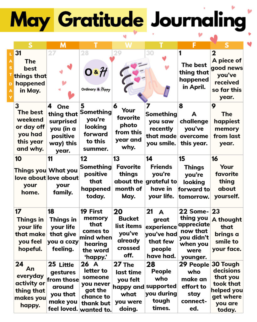 calendar for may showing 31 gratitude journaling prompts on each day of the month