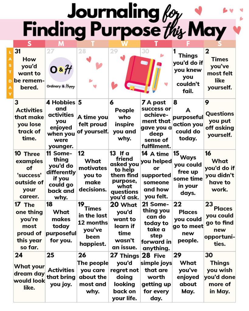 calendar printable for the month of may showing 31 journaling prompts for finding purpose designated for each day of the month