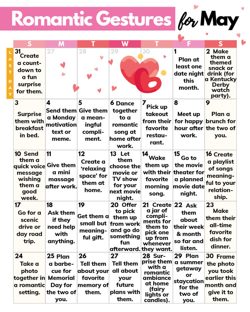 Romantic gestures for May displayed in a 7x5 calendar grid