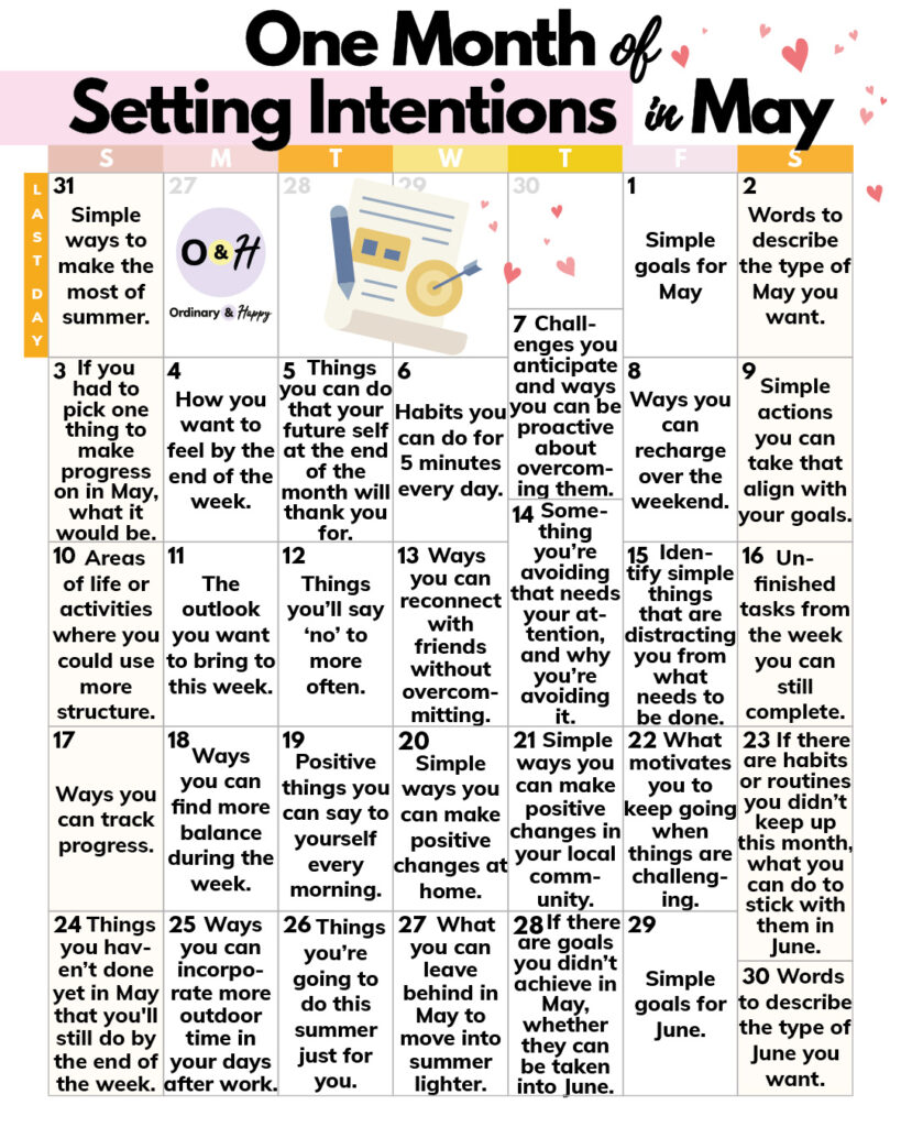 setting intentions ideas for may showing 31 ideas displayed in a daily calendar for the month of may