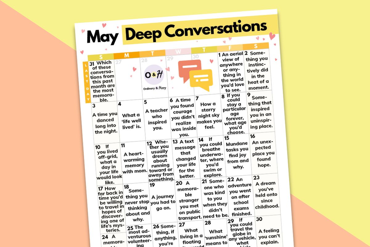 may deep conversations calendar on a yellow and coral red block color background