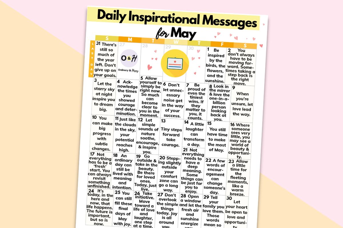 daily inspiration messages for may calendar on a pink and orange background