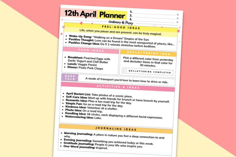 april 12th daily planner printable on a yellow and red background
