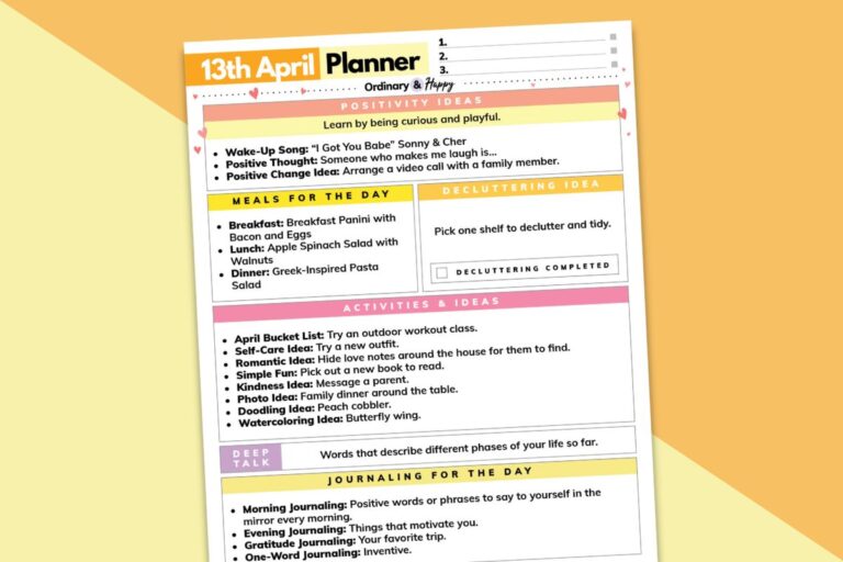 april 13th daily planner printable laid out over an orange and yellow backdrop