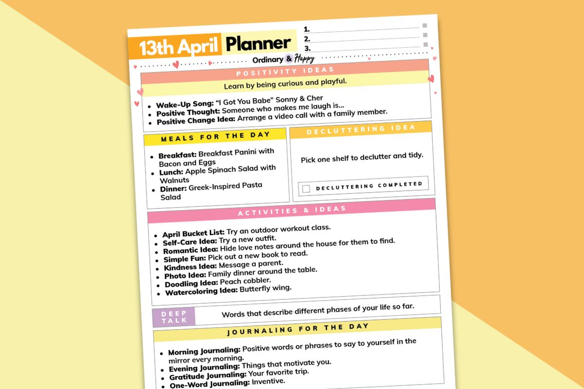 april 13th daily planner printable laid out over an orange and yellow backdrop