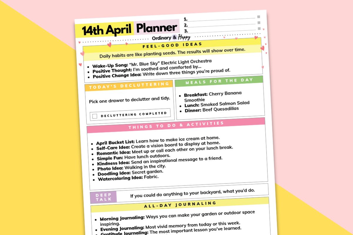 april 14th daily planner printable tilted to the left on a pink and yellow background