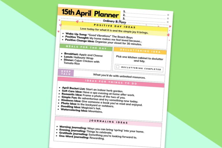 april 15th daily planner printabe laid out on a diagonal green and teal background