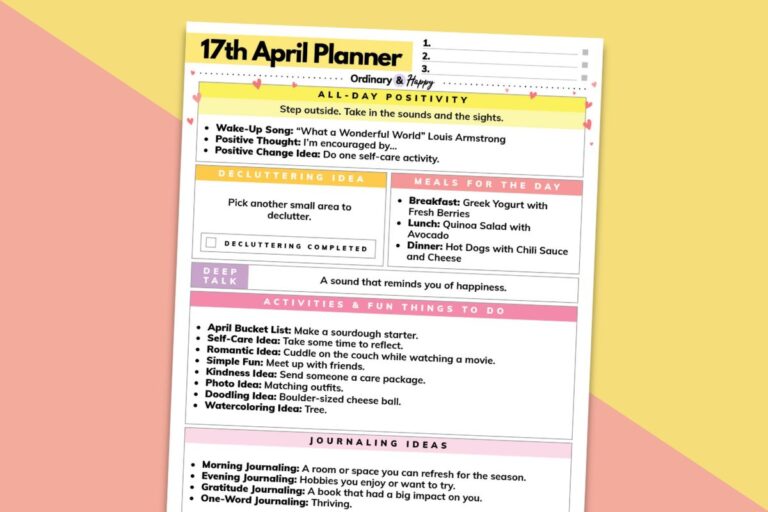 april 17th daily planner printable on a yellow and red diagonal background