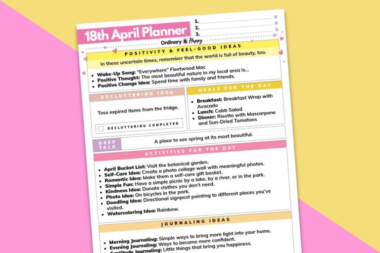 april 18th daily planner tilted to the left displayed on a lilac and yellow block color background