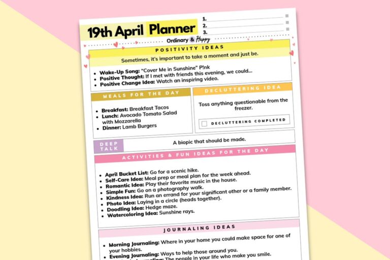 april 19th daily planner printable on a yellow and pick background