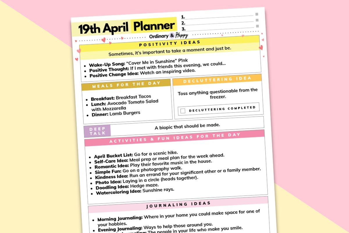 april 19th daily planner printable on a yellow and pick background
