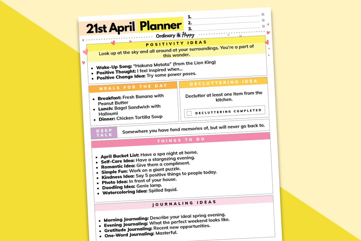 april 21st daily planner on a yellow background