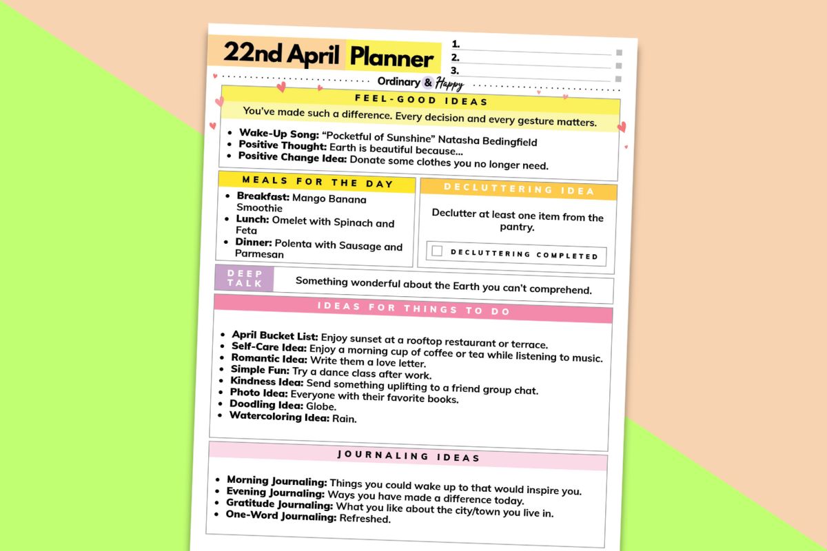 april 22nd dialy planner printable on a block color background