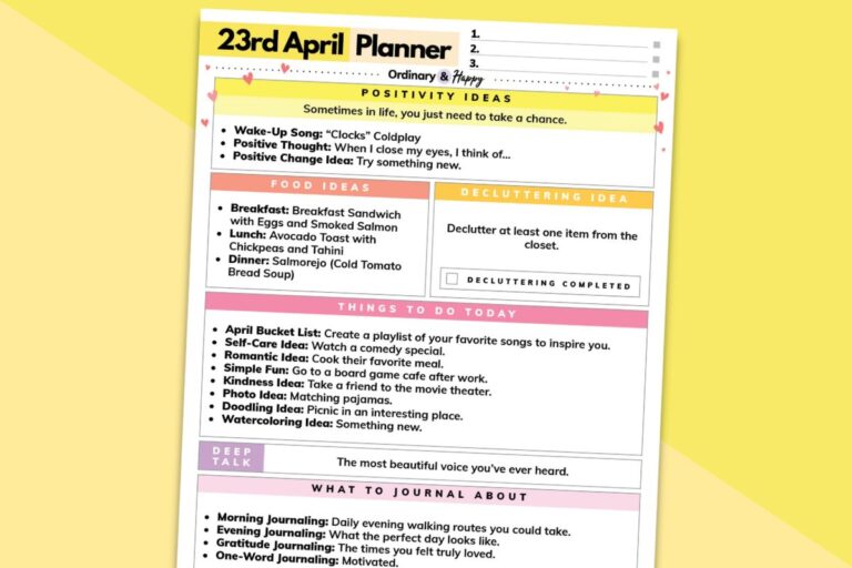 23rd april daily planner printable titled to the right on a yellow background