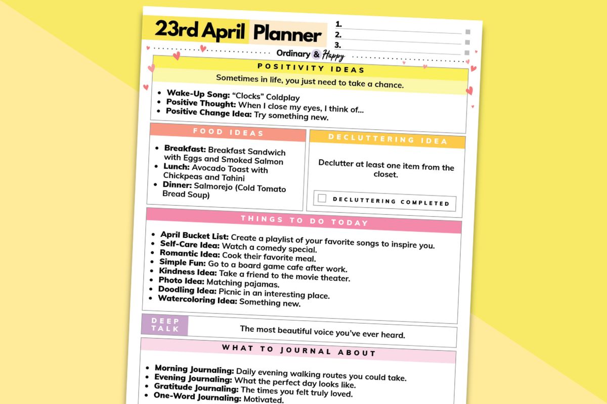 23rd april daily planner printable titled to the right on a yellow background