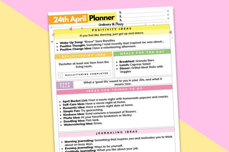 april 24th daily planner printable tilted to the left displayed on a diagonal crimson and yellow backdrop
