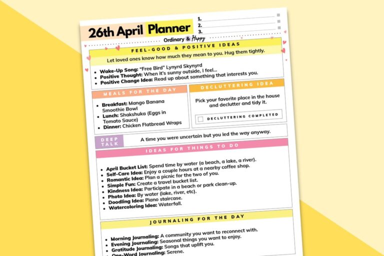 april 26th daily planner listicle printable tilted to the left on a 2-color yellow background