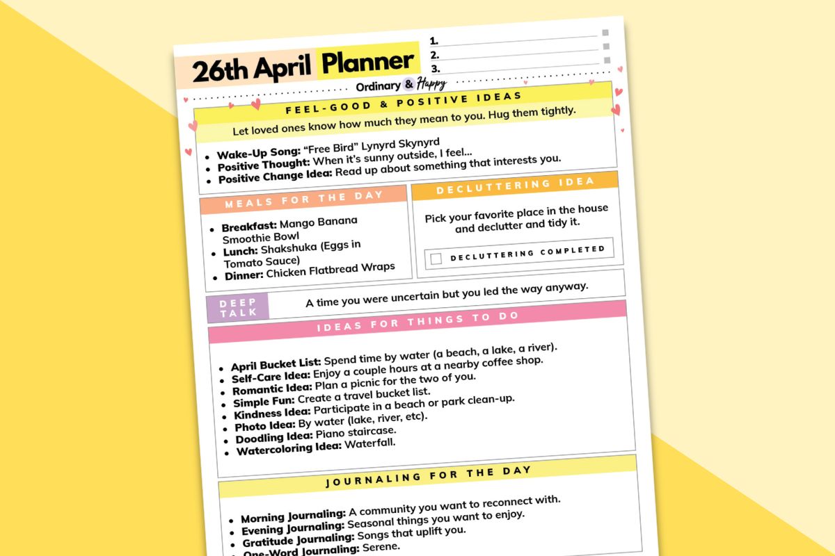 april 26th daily planner listicle printable tilted to the left on a 2-color yellow background
