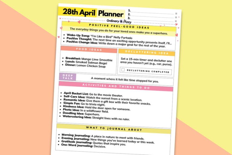 april 28th daily planner printable tilted to the right on a yellow and coral block color background