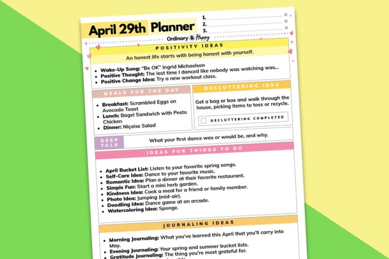 april 29th full-day planner printable on a green and yellow block color background