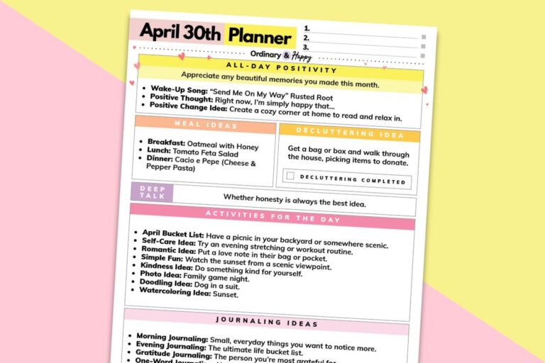 april 30th daily planner printable laid out on a pink and yellow background