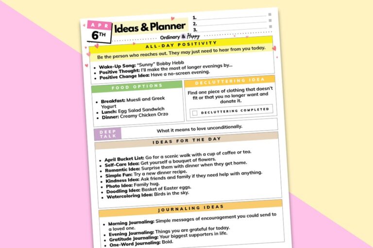 april 6th daily planner printable on a pink and yellow 2-color backdrop