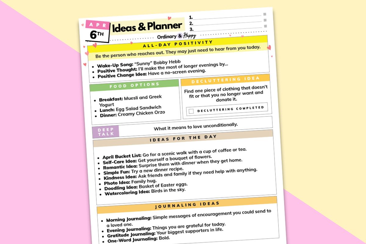 april 6th daily planner printable on a pink and yellow 2-color backdrop