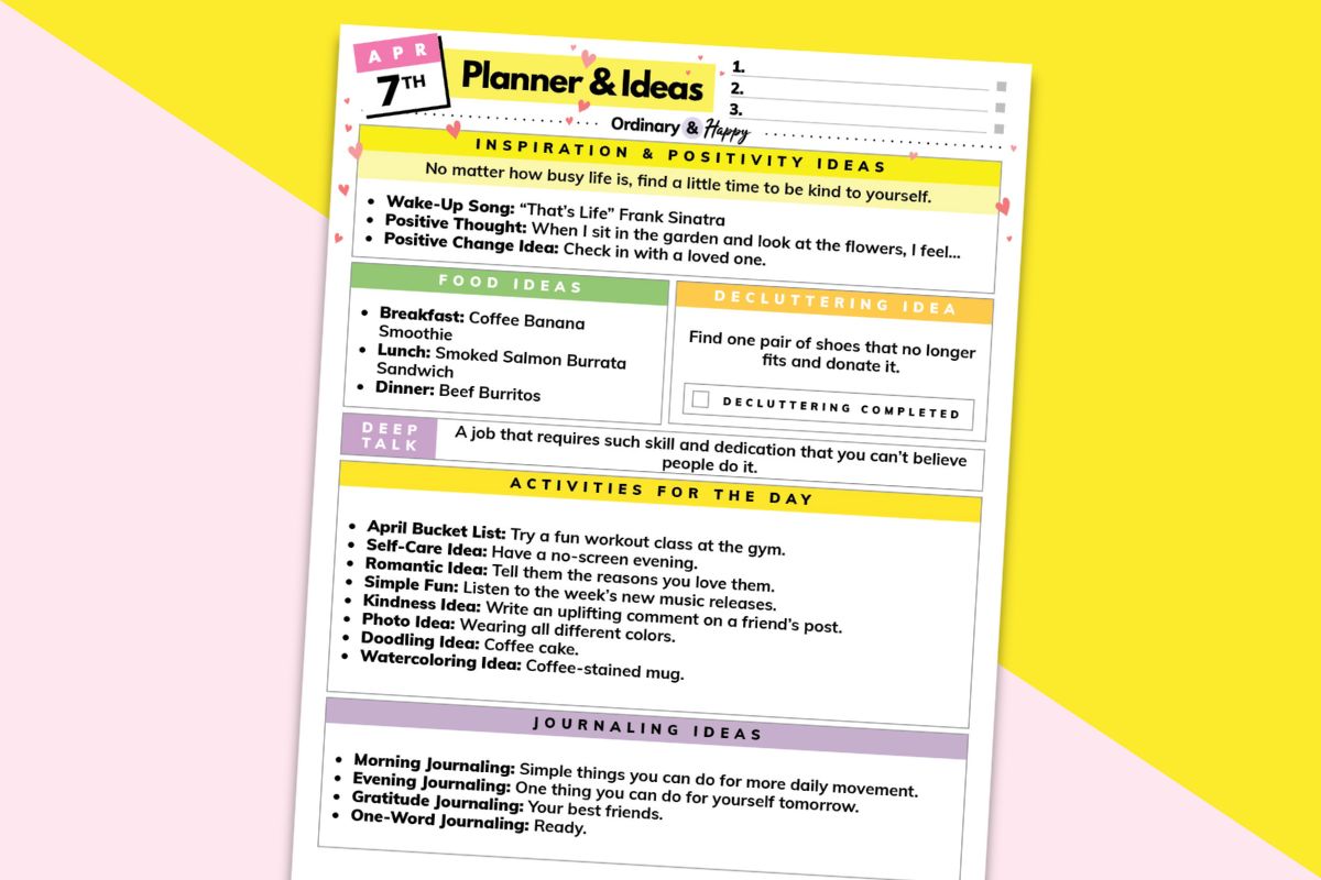 april 7th daily planner printable on a pnk and yellow block color backdrop