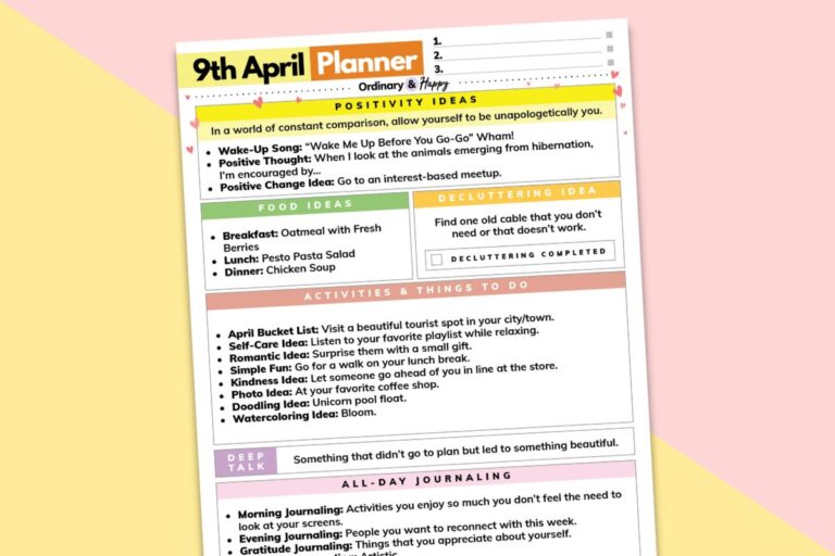 april 9th planner printable on a pink and yellow background