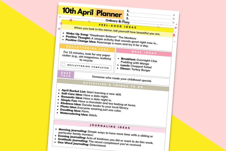 10th april daily planner on a 2-color pink and yellow block color background