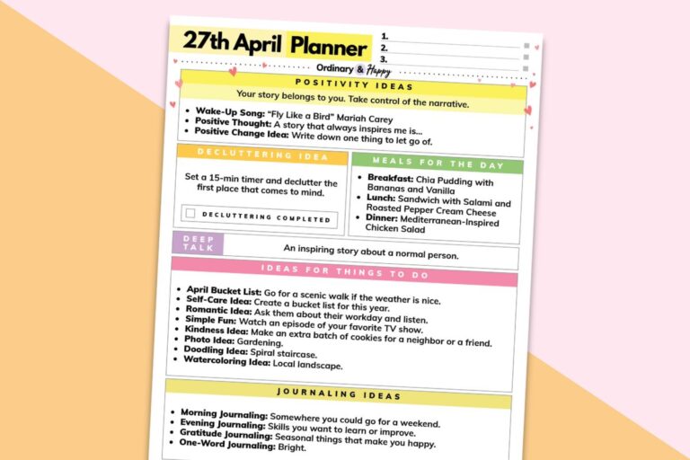 april 27th daily planner listicle printable on a crimson and orange 2-color background