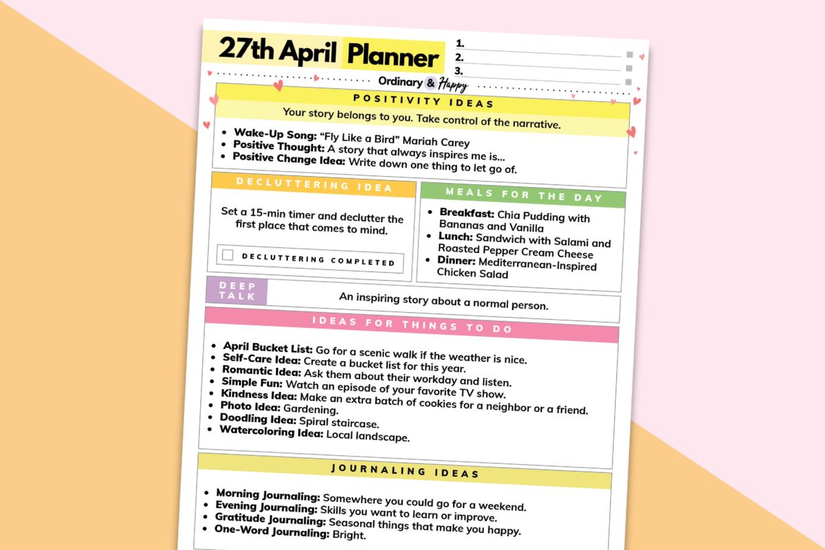 april 27th daily planner listicle printable on a crimson and orange 2-color background