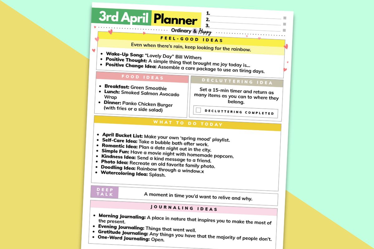 3rd april daily printable planner on a yellow and teal background