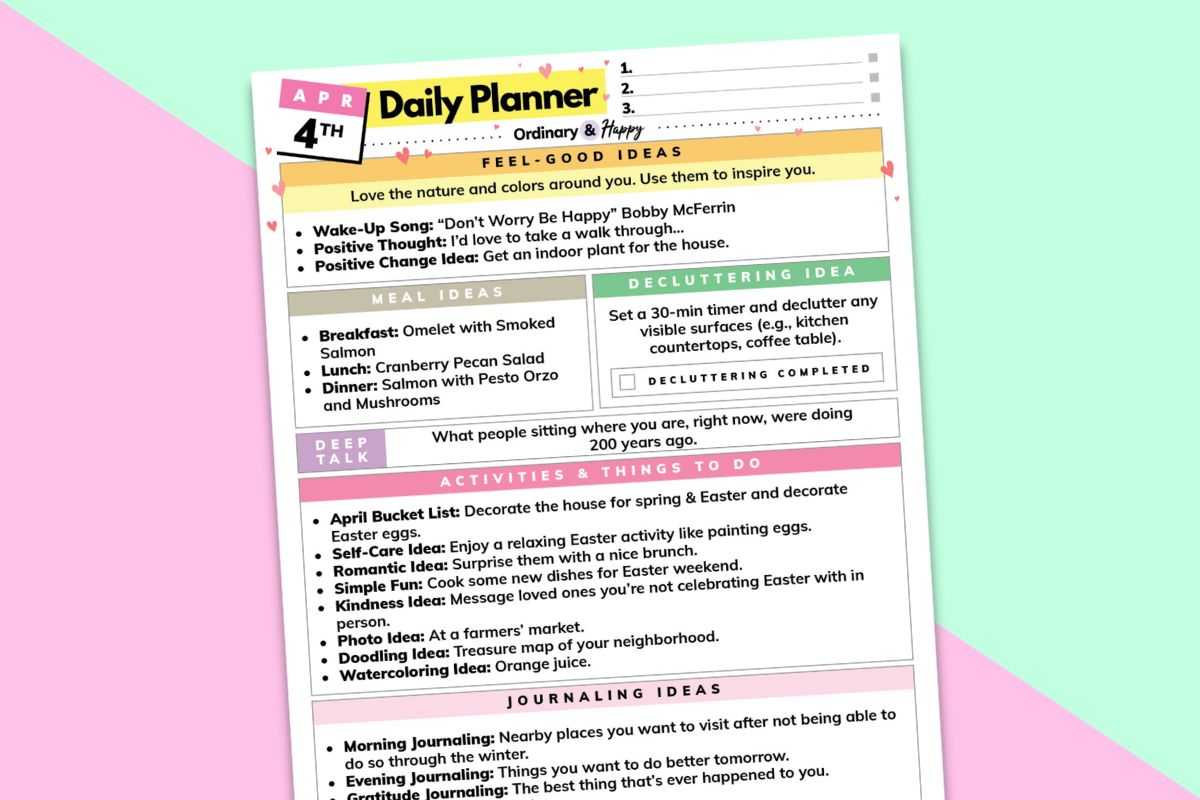 april 4th daily planner displayed on a colorful block color background
