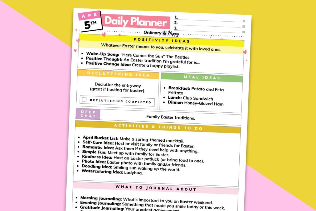 april 5th daily planner laid out on a lilac and yellow backdrop