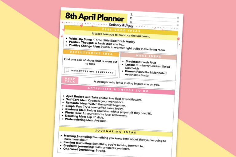 april 8th daily planner printable tilted to the right on a red and yellow background