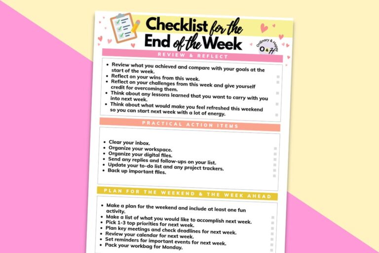end of the week checklist printable on a yellow and lilac background