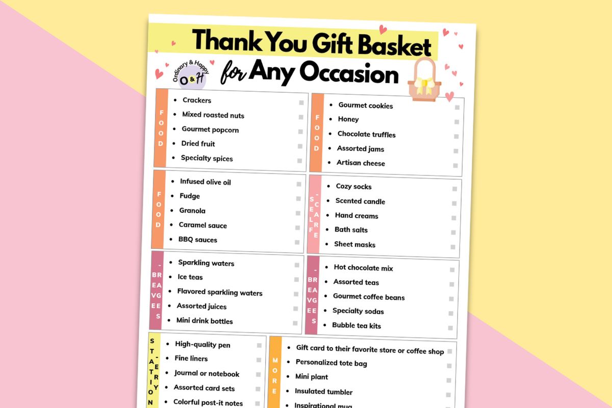 listicle of gift ideas for a 'thank you' gift basket