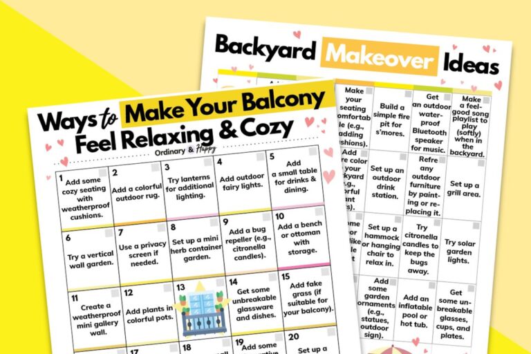 home balcony and backyard makeover idea printables on an orange and yellow background