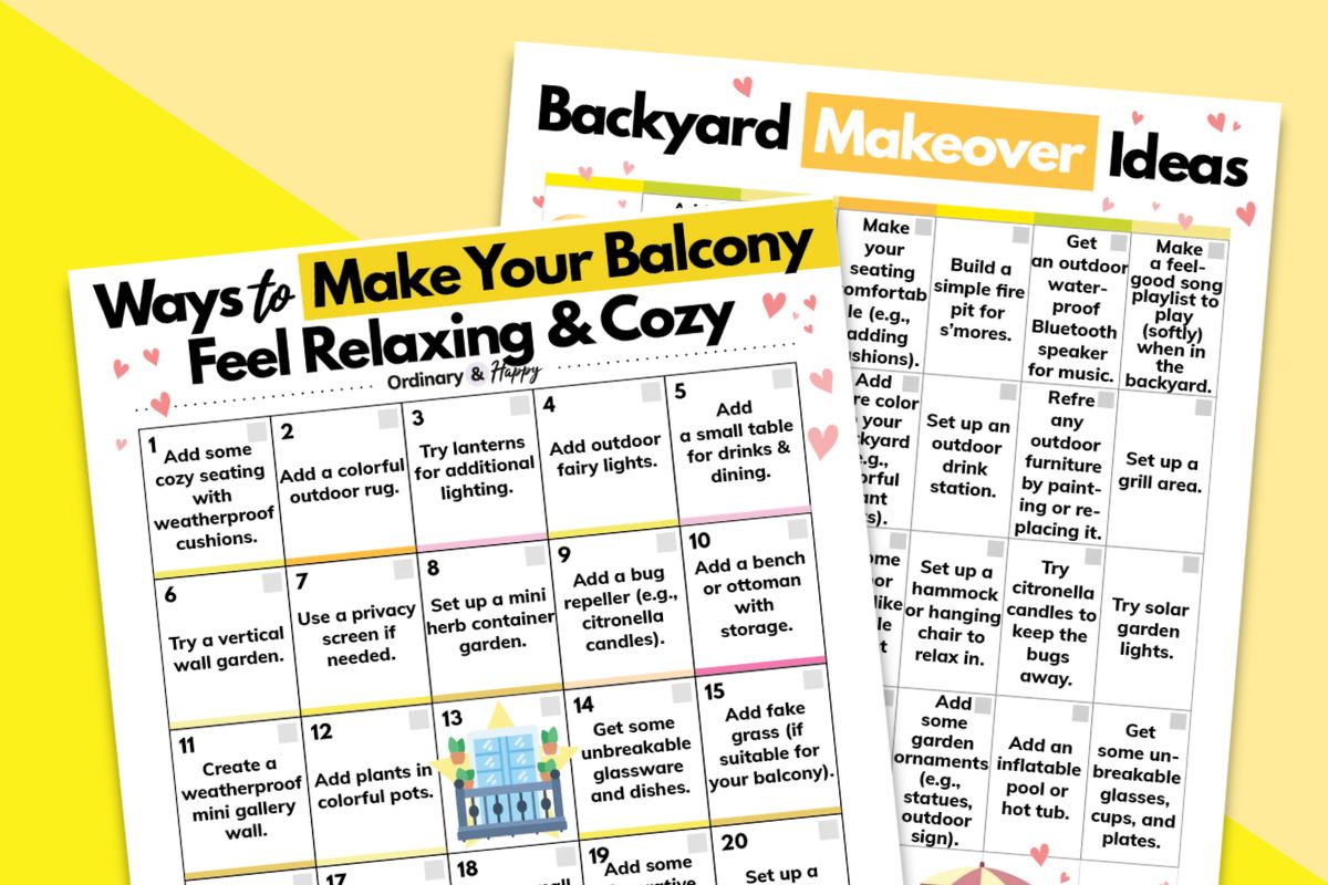 home balcony and backyard makeover idea printables on an orange and yellow background