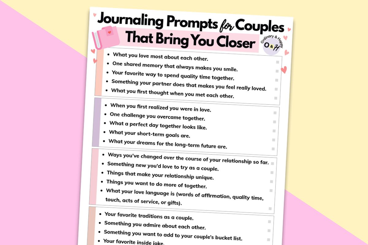 journaling ideas for couples on a printable displayed on a yellow and pink background