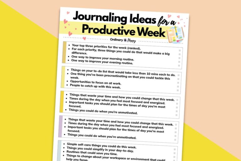 journaling ideas for a productive week on a listicle printable against a 2-color yellow and orange backdrop