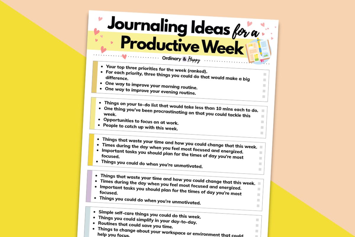 journaling ideas for a productive week on a listicle printable against a 2-color yellow and orange backdrop