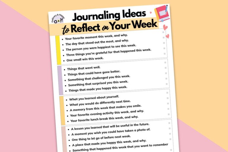 printable of journaling ideas to reflect on the week against a block color ivory and red background